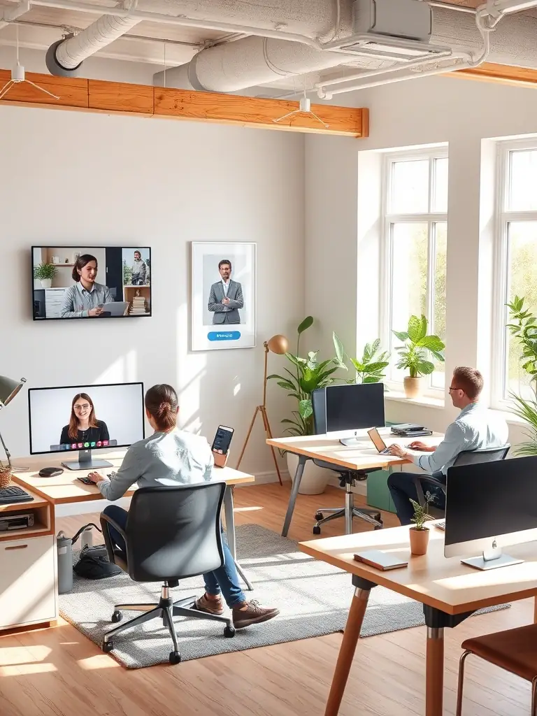 A flexible office setup with employees working from different locations, showcasing the remote work capabilities enabled by Educronix's cloud telephony.